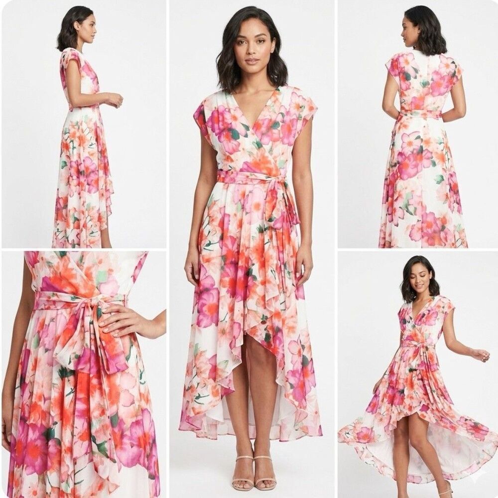 ELIZA J Floral Hi-Low Faux Wrap Midi Dress Plus Size 22W Pink White Chiffon NEW
